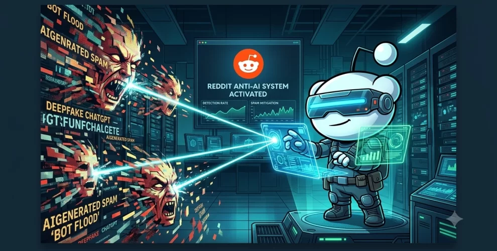 A laptop displaying the Reddit homepage with an AI shield icon, representing AI-powered content detection and moderation.