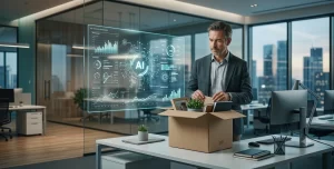 Employees leaving a modern technology office while AI graphics appear in the background, representing AI-driven restructuring and tech layoffs in 2026.