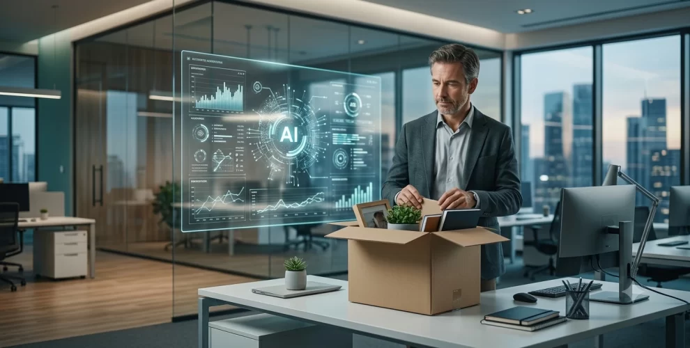 Employees leaving a modern technology office while AI graphics appear in the background, representing AI-driven restructuring and tech layoffs in 2026.