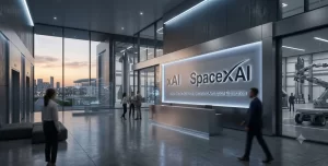 A futuristic illustration showing the new SpaceXAI logo alongside AI circuitry and a rocket launch, representing the merger of artificial intelligence and space technology.