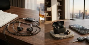 A pair of wired in-ear monitors placed beside wireless earbuds, highlighting the comparison between sound quality and everyday convenience.