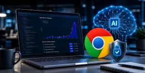 Leveraging AI to Automate ERP Workflows 2 Google Chrome logo with cybersecurity shield and AI technology icons representing AI-powered browser security improvements.