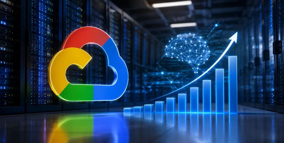 Google Cloud data center with AI servers and Gemini branding representing Google's AI investment and cloud business growth.