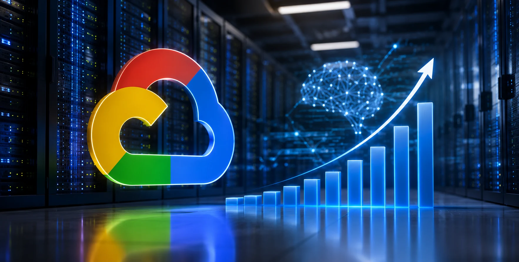 Google Cloud data center with AI servers and Gemini branding representing Google's AI investment and cloud business growth.