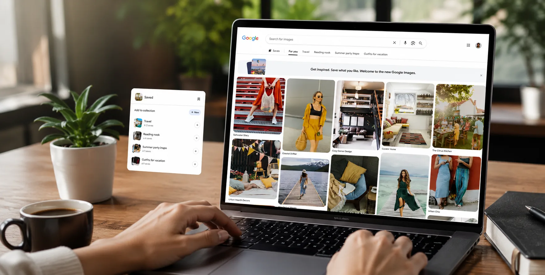 The redesigned Google Images interface showing personalized image recommendations, collections, and AI image generation features.