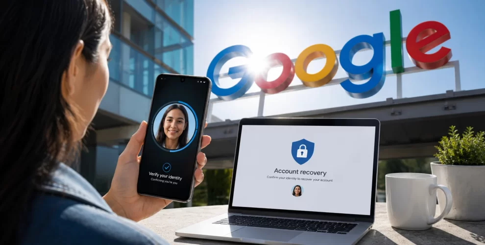 A user recording a selfie video on a smartphone to verify their identity during the Google account sign-in and recovery process.