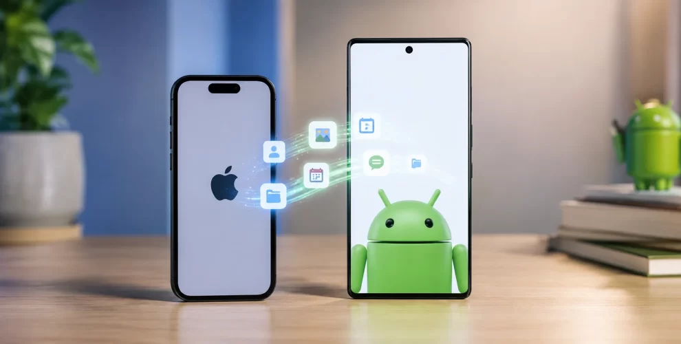 An iPhone wirelessly An iPhone wirelessly transferring photos, contacts, passwords, and other data to an Android smartphone during the Android 17 setup process.