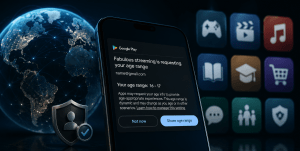 Android smartphone displaying Google Play with parental controls and age-appropriate app settings enabled through the Google Play Signal API.