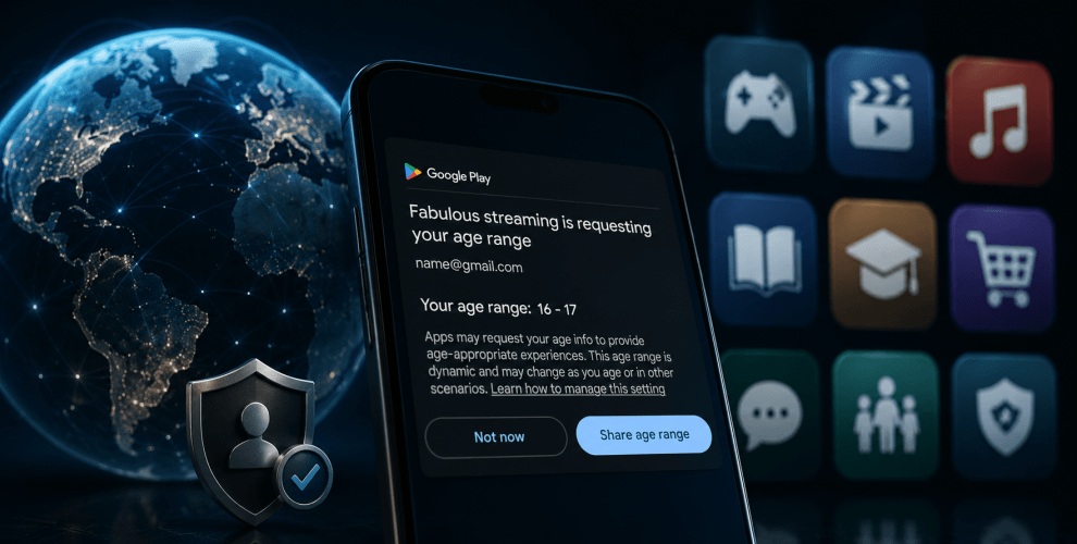 Android smartphone displaying Google Play with parental controls and age-appropriate app settings enabled through the Google Play Signal API.