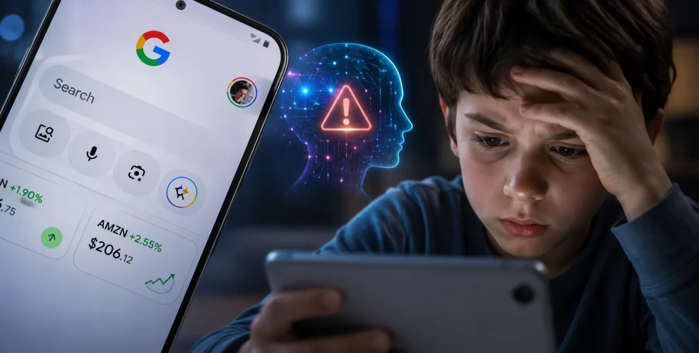 Google Search AI interface displaying AI-generated search results with a focus on child safety and AI Overviews.