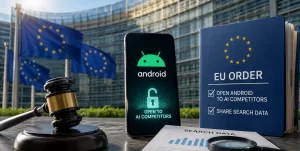 A smartphone displaying the Android logo alongside AI assistant icons, representing new EU rules requiring Google to open Android and share search data.