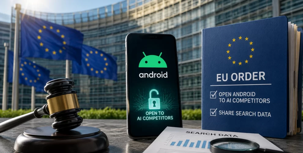 A smartphone displaying the Android logo alongside AI assistant icons, representing new EU rules requiring Google to open Android and share search data.