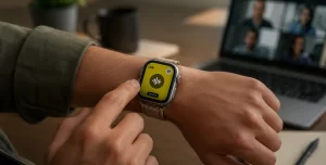 Apple Watch displaying the Granola app while recording and transcribing a meeting using AI.