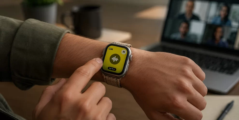 Apple Watch displaying the Granola app while recording and transcribing a meeting using AI.