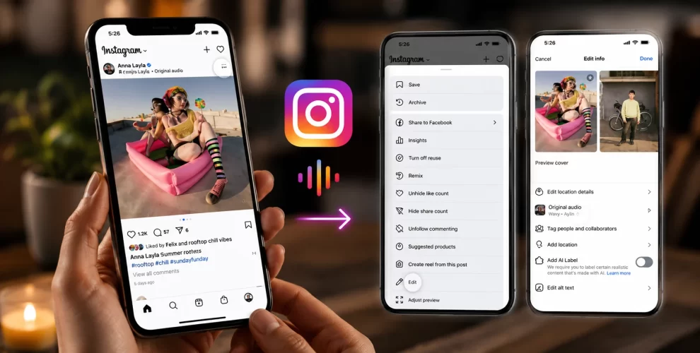 Instagram Replace Audio feature displayed on a smartphone showing music editing options for an existing feed post.