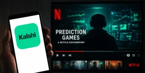 A promotional image representing the legal dispute between Kalshi and Netflix over the Prediction Games documentary trailer.