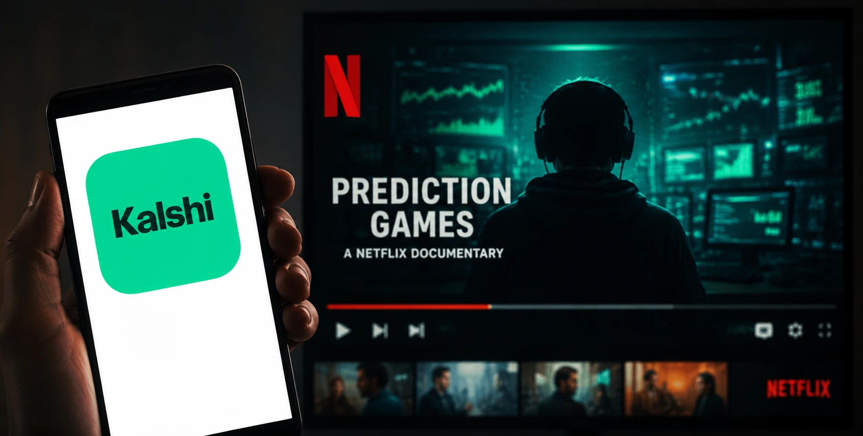A promotional image representing the legal dispute between Kalshi and Netflix over the Prediction Games documentary trailer.
