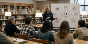 A librarian teaching participants how to manage and disable AI features on smartphones and computers during an Avoiding AI workshop.