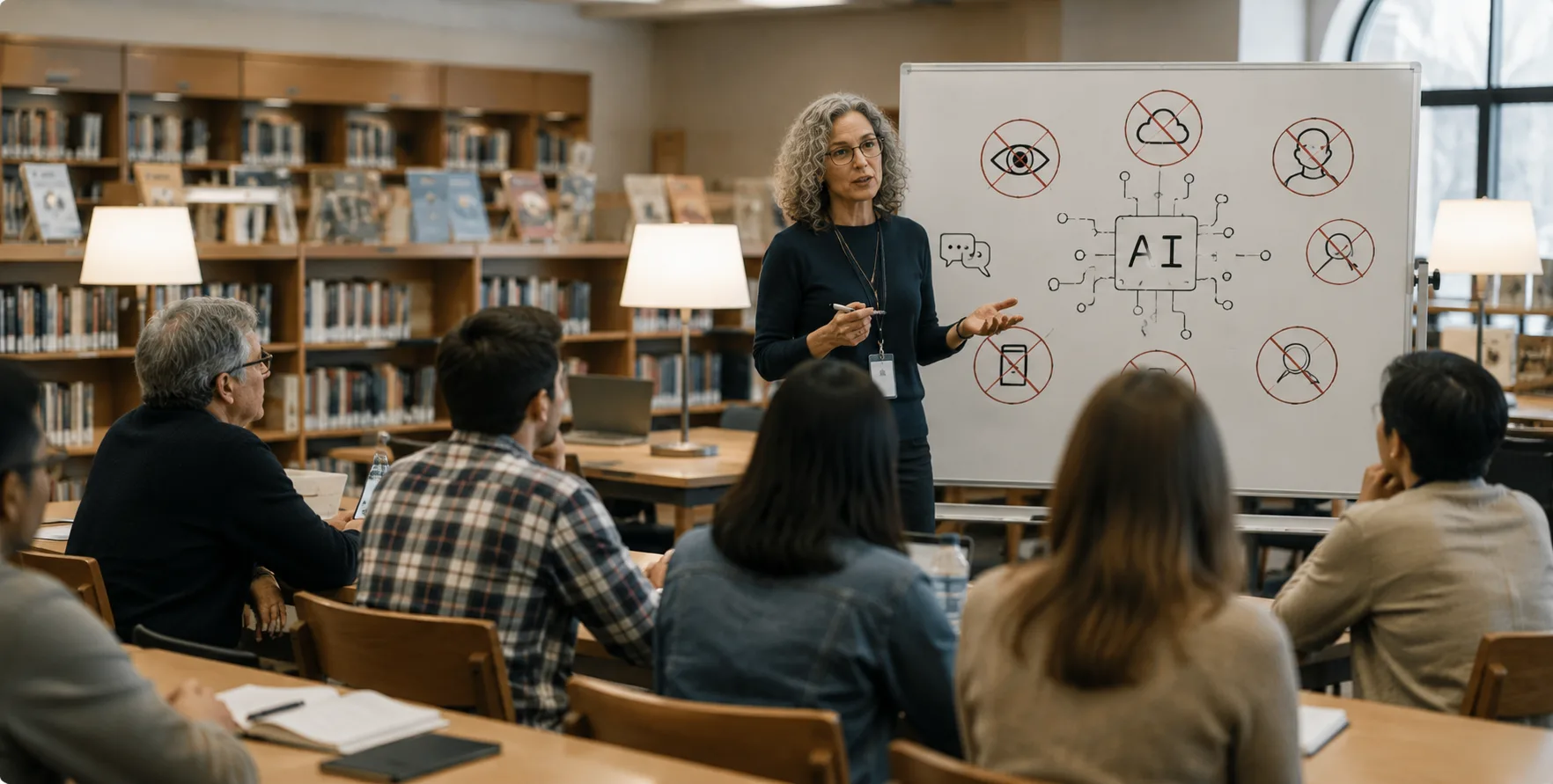 A librarian teaching participants how to manage and disable AI features on smartphones and computers during an Avoiding AI workshop.