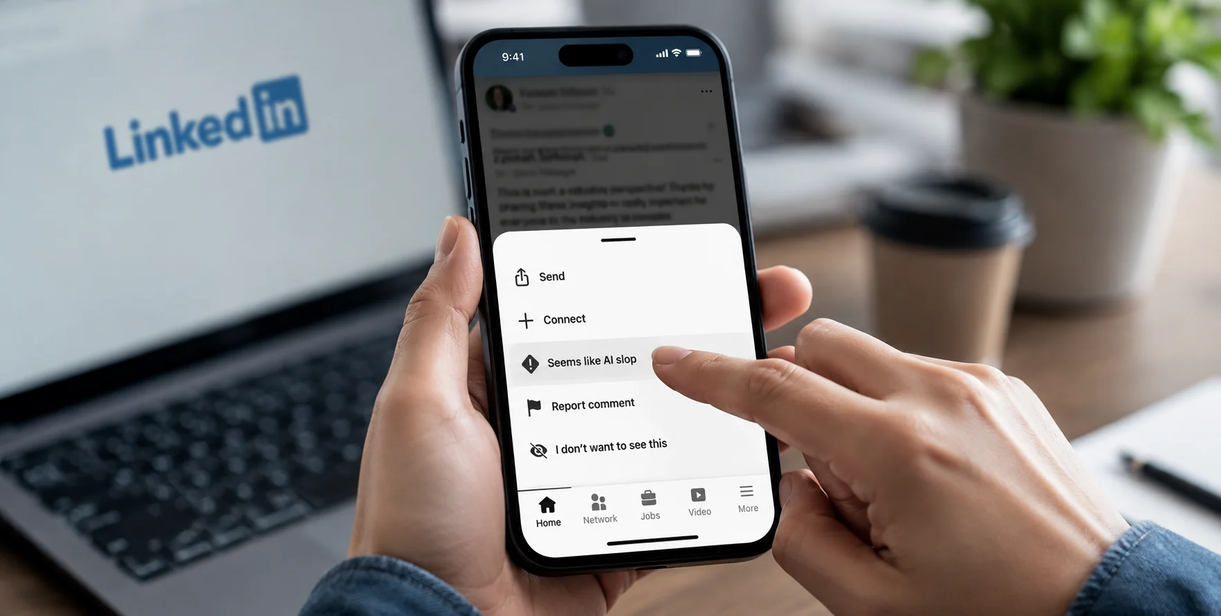 LinkedIn interface displaying an option to report low-quality AI-generated content while promoting authentic professional posts.
