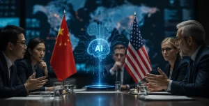 Illustration showing Chinese AI models competing in the global artificial intelligence landscape with futuristic AI technology elements.