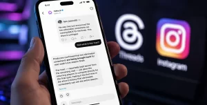Threads mobile app displaying a private conversation with Meta AI inside the Direct Messages section