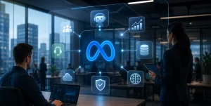 Business professionals using Meta Enterprise AI tools for workflow automation, productivity, and customer communication on digital devices.