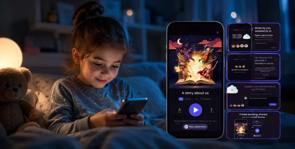 Meta StoryKit AI app generating personalized bedtime stories for children on a smartphone.
