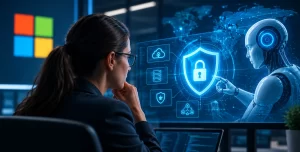 Microsoft AI cybersecurity platform displaying automated threat detection and AI agents protecting enterprise systems