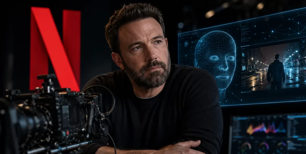 Netflix logo displayed alongside AI filmmaking visuals representing the company's $587 million acquisition of Ben Affleck's InterPositive startup.
