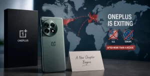 A OnePlus smartphone displayed beside a world map highlighting the company's withdrawal from the US and European markets.