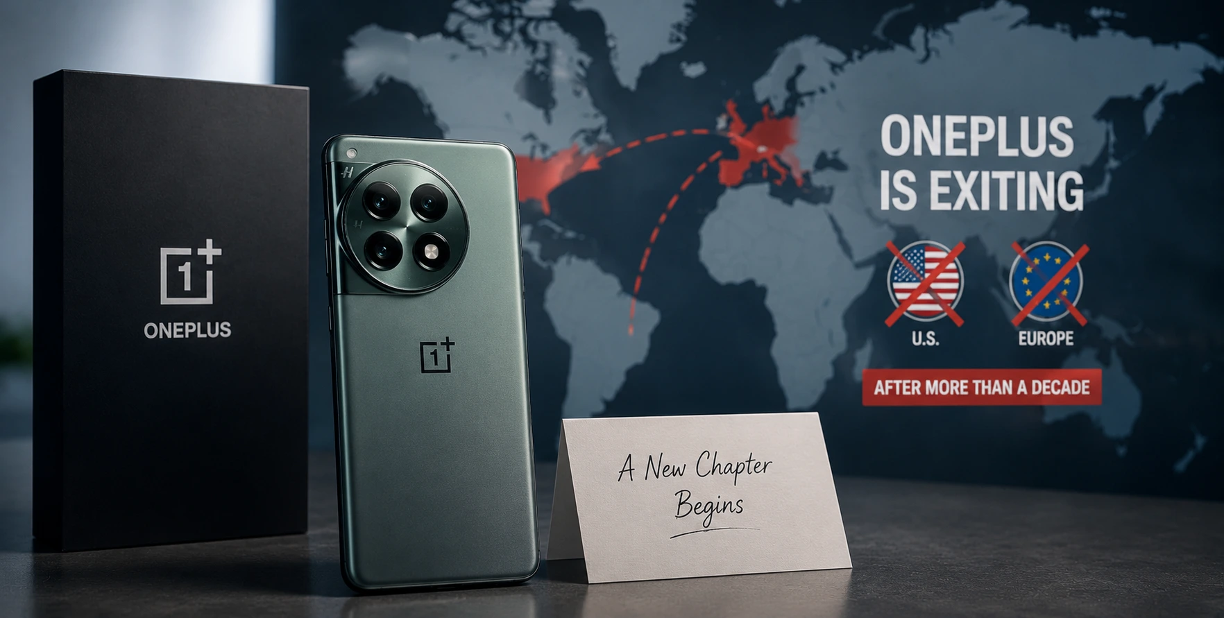 A OnePlus smartphone displayed beside a world map highlighting the company's withdrawal from the US and European markets.