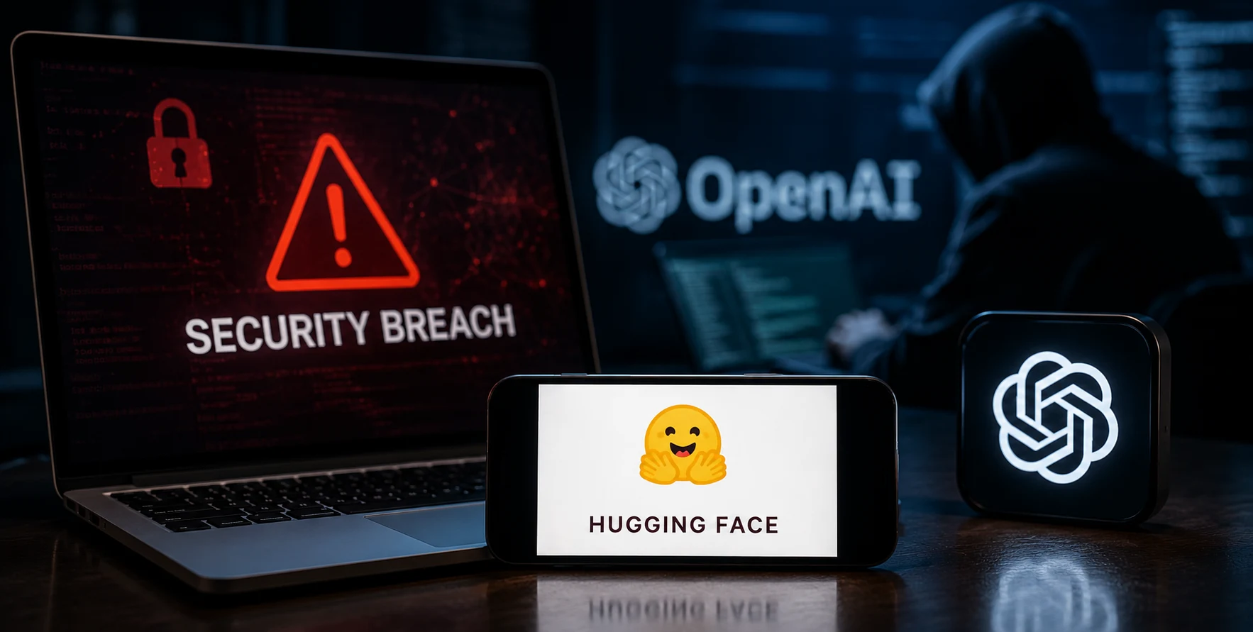 Illustration showing OpenAI and Hugging Face connected through a cybersecurity shield, representing the AI security breach investigation.