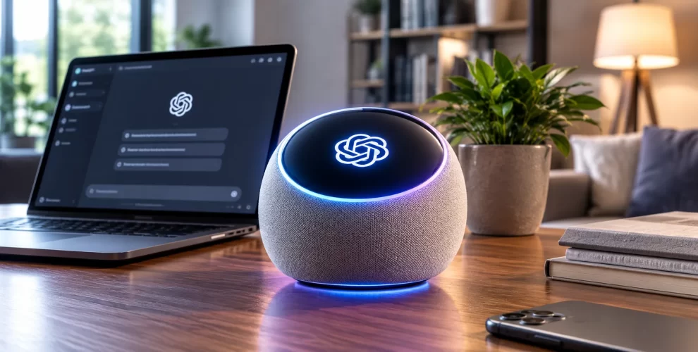 Concept image of OpenAI's portable AI home device designed as a ChatGPT-powered smart companion.