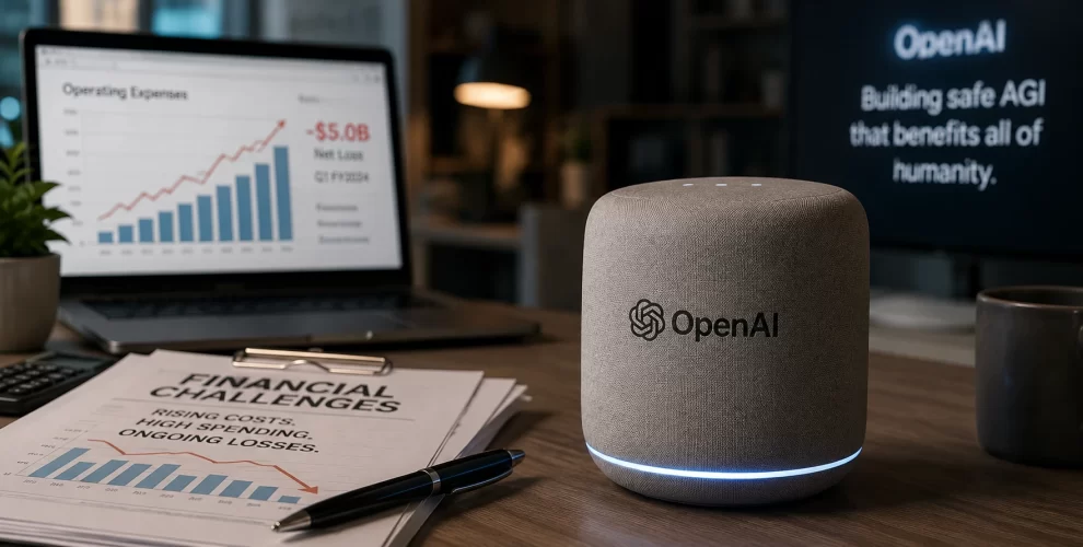 A modern AI-powered smart speaker glowing with the ChatGPT logo in a living room, representing OpenAI's upcoming consumer hardware device.