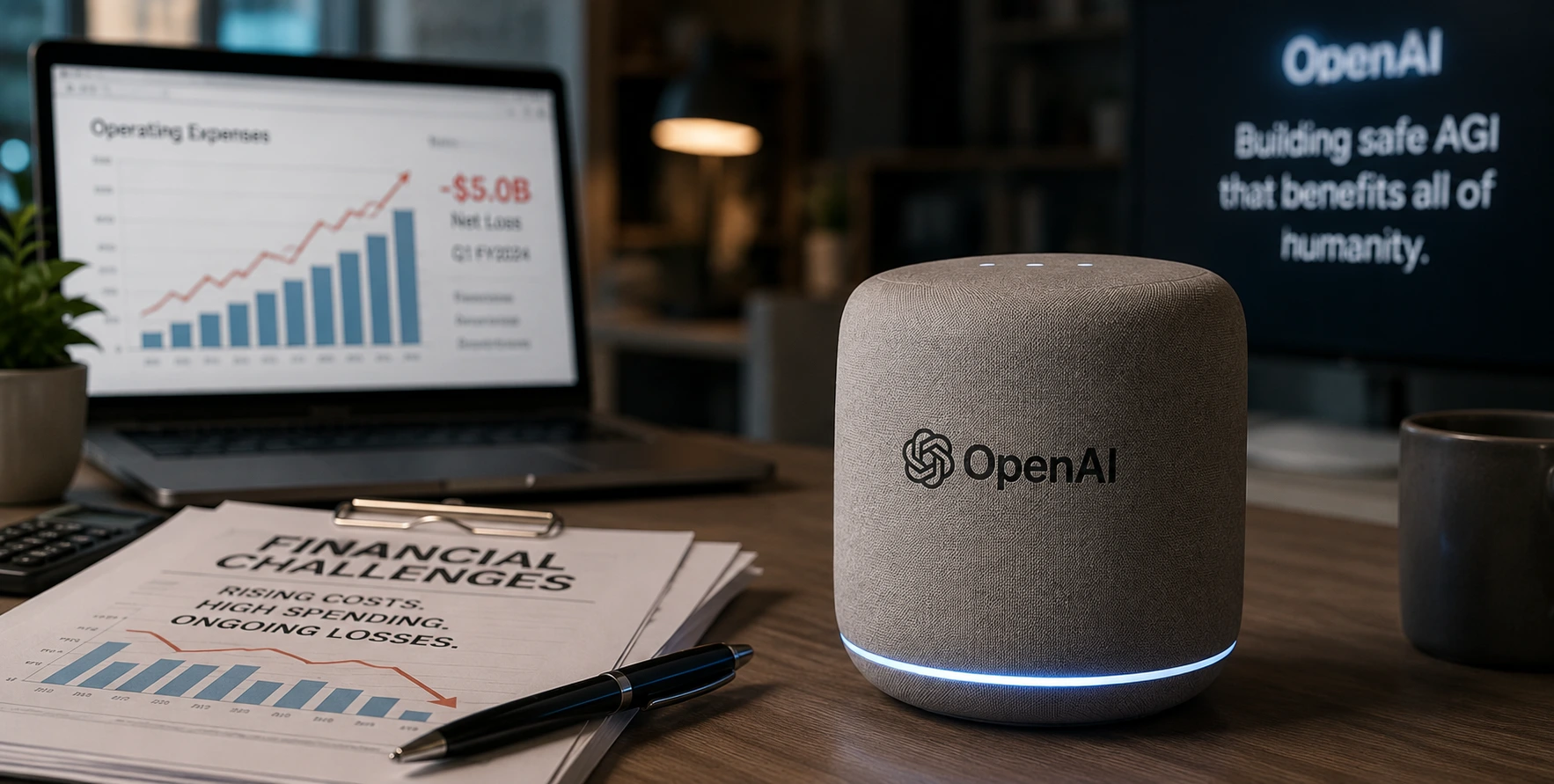 A modern AI-powered smart speaker glowing with the ChatGPT logo in a living room, representing OpenAI's upcoming consumer hardware device.