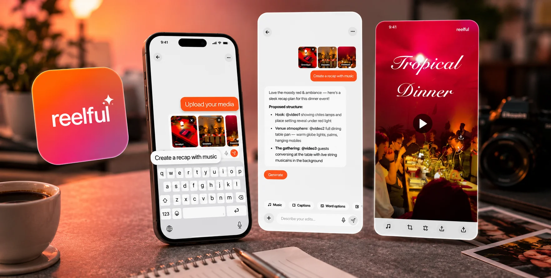 Reelful AI app automatically creating a short-form social media video from photos and videos stored in a smartphone camera roll.