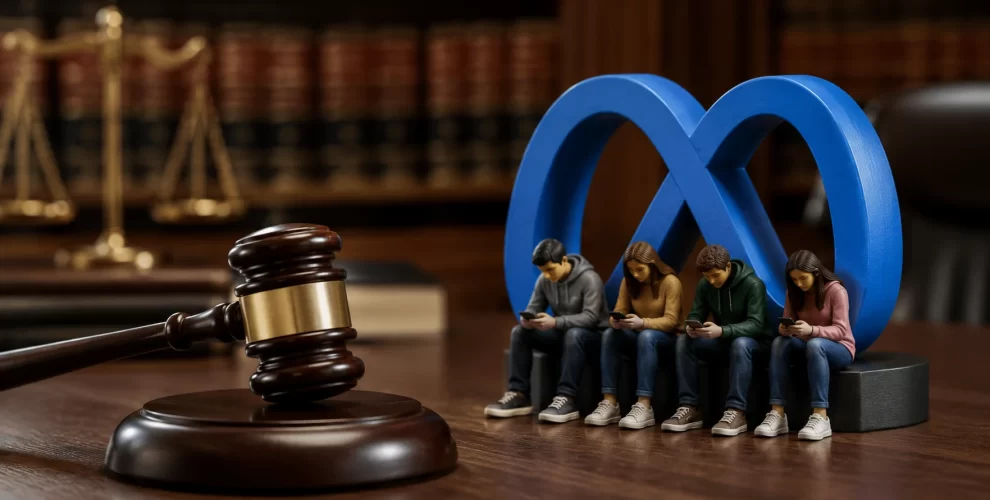 Meta logo displayed on a smartphone screen with legal documents in the background representing the dismissal of the social media addiction lawsuit.