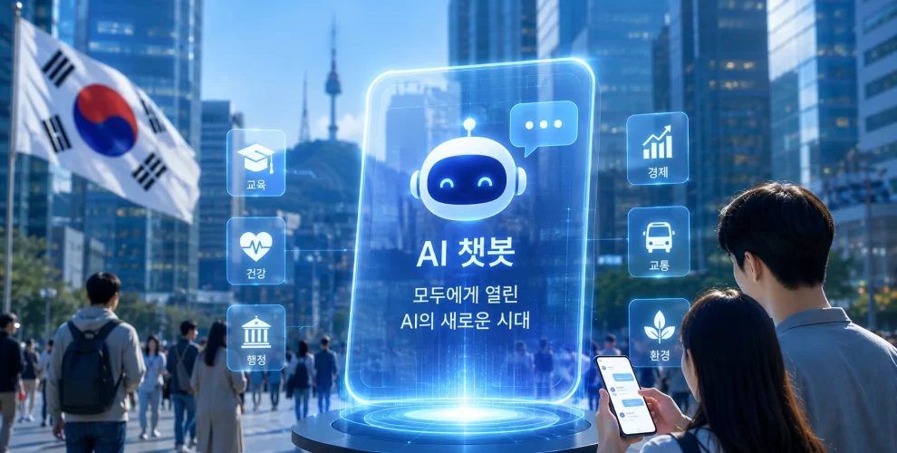 A person using a national AI chatbot on a smartphone with the South Korean flag in the background, representing free AI access for citizens.