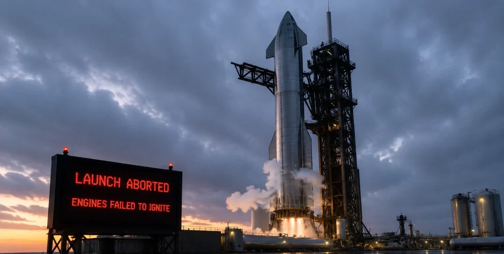 SpaceX Starship standing on the launch pad moments before an aborted launch caused by an engine ignition issue.