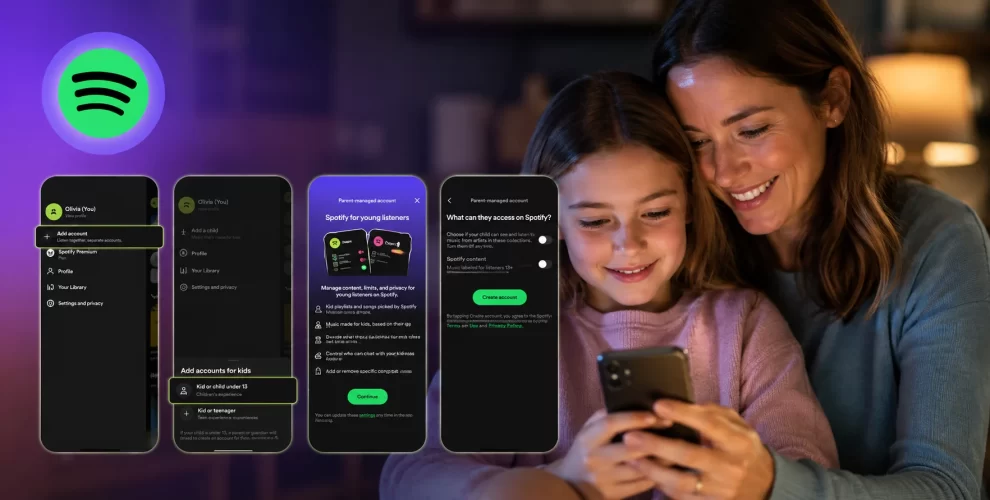 Spotify app displaying parent-managed accounts and child safety controls for free users.