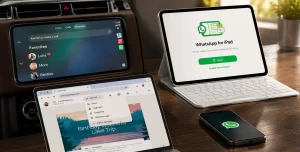 WhatsApp displayed on Apple CarPlay, Android Auto, and iPad with messaging, music sharing, and PDF features highlighted.