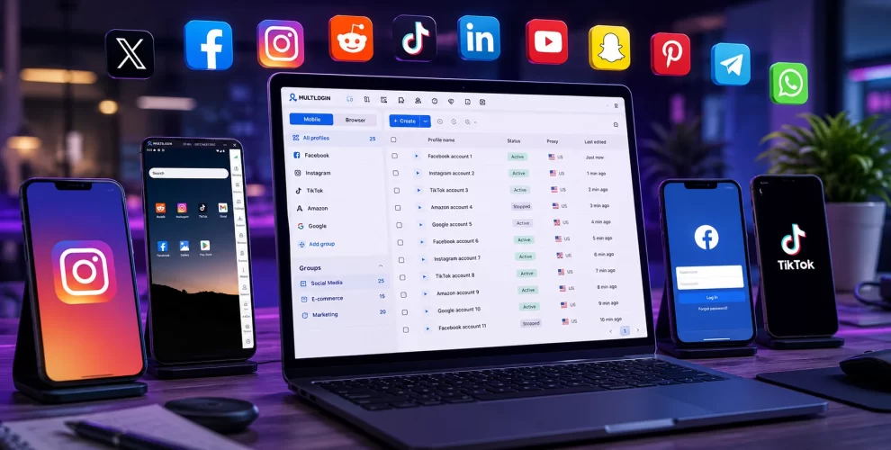 A marketer managing multiple social media accounts using cloud phone technology from a desktop dashboard with virtual Android devices.