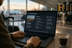 A traveler comparing an AI-generated hotel summary with detailed guest reviews on a laptop before booking a vacation.