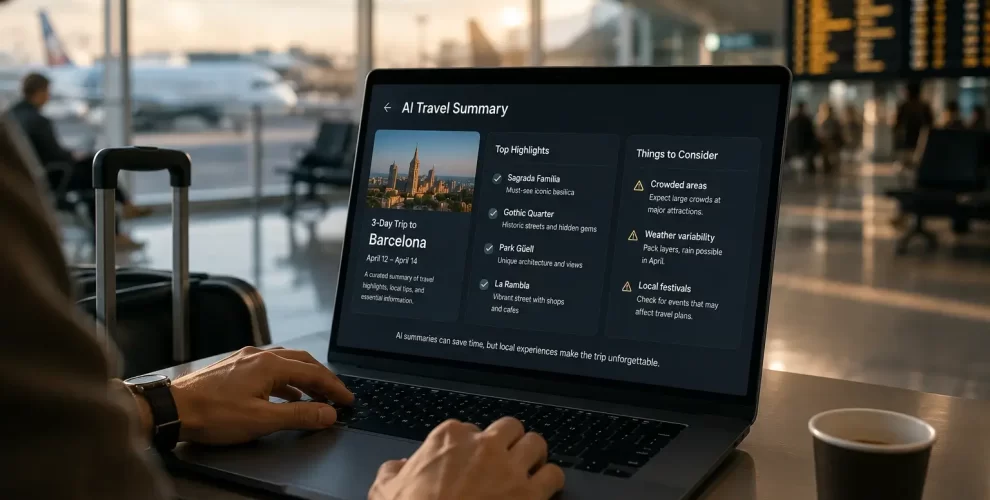A traveler comparing an AI-generated hotel summary with detailed guest reviews on a laptop before booking a vacation.