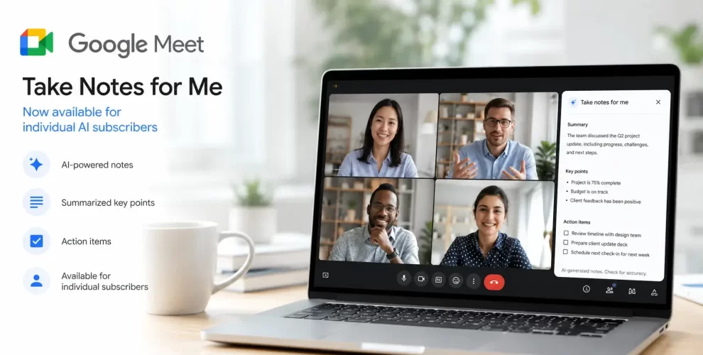 Google Meet video call showing Gemini AI automatically generating meeting notes, summaries, and action items during an online meeting.