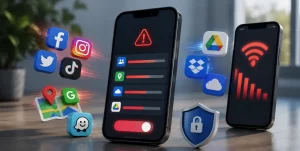 Smartphone displaying mobile data usage statistics with apps consuming background data.