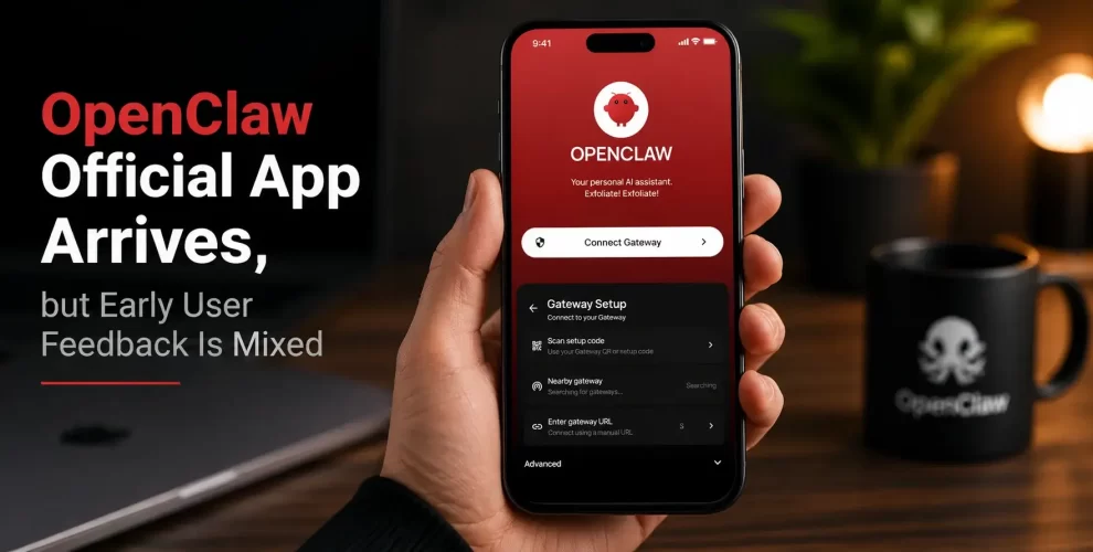 OpenClaw official app displayed on an Android smartphone with an AI assistant chat interface.