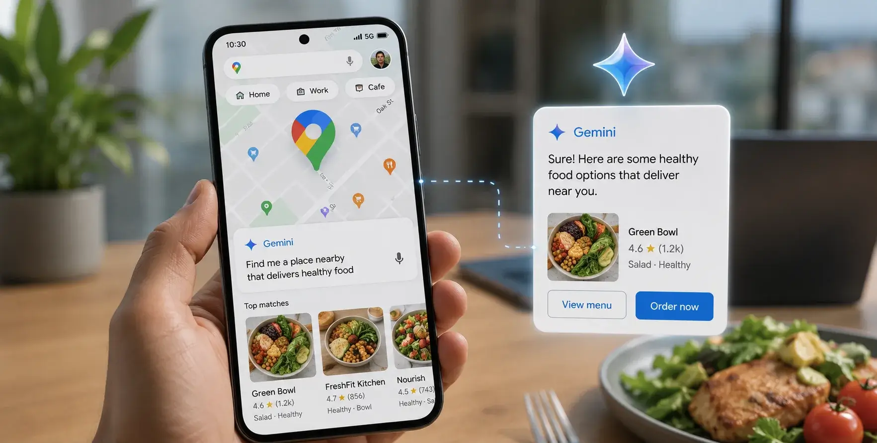 Google Maps app using Gemini AI to help users search for restaurants and place food orders directly.
