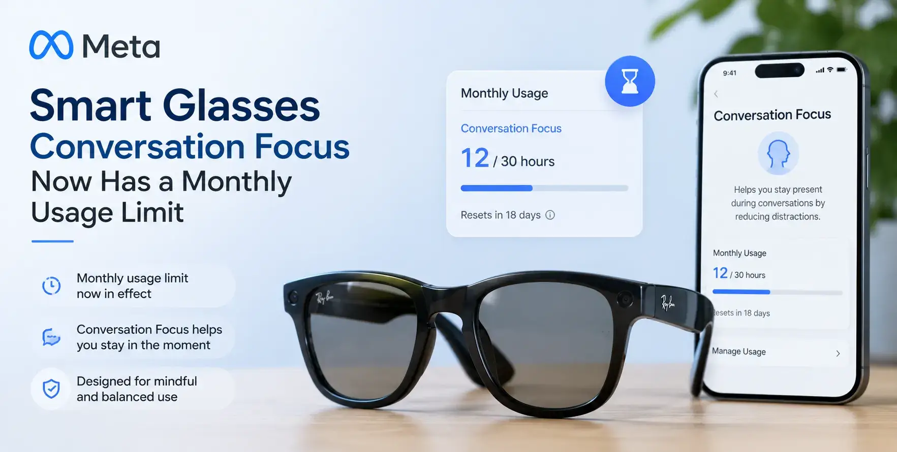 Person wearing Meta smart glasses using the Conversation Focus AI feature in a crowded environment.